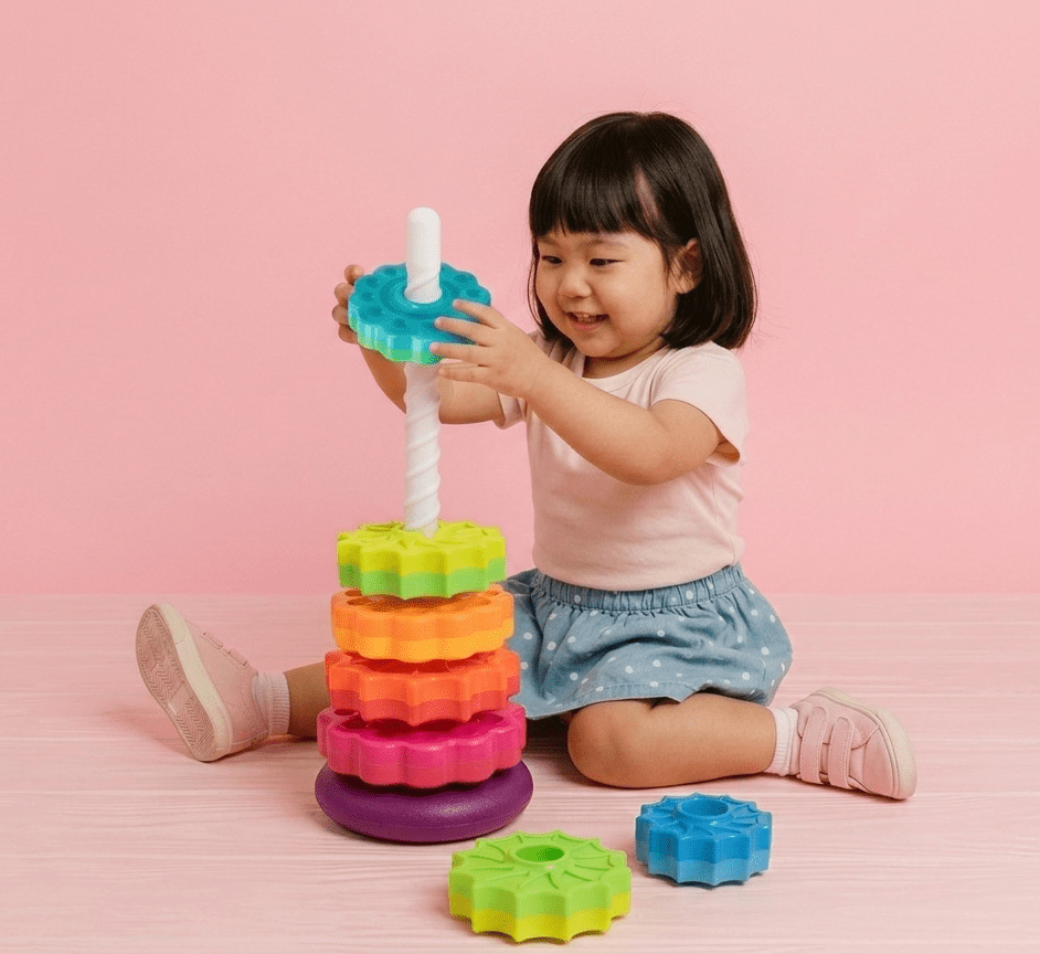 Child playing with a colorful stacking toy on a pink background